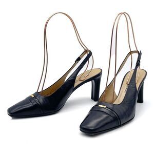 St. John Black Leather Slingback Heels Size 7 Made in Italy Square Toe Pumps VTG